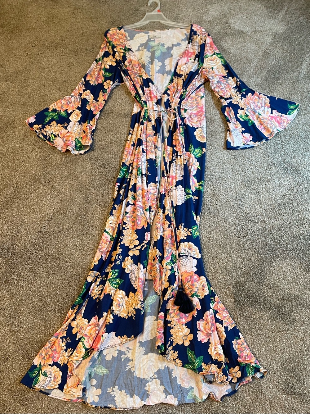 Maaji Navy Peony Lotus Maxi Kimono/ Beach Cover Up Dress Size L - Picture 6 of 9